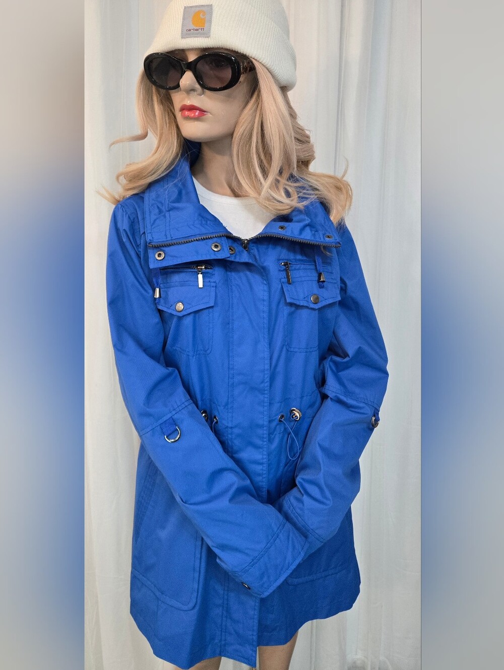 Yoki Women's Cobalt Blue Hooded Utility Rain Jacket. Pristine Condition.